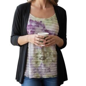 AB Studio Women Open Front Cardigan Attached Ruffle Floral Insert Size XL